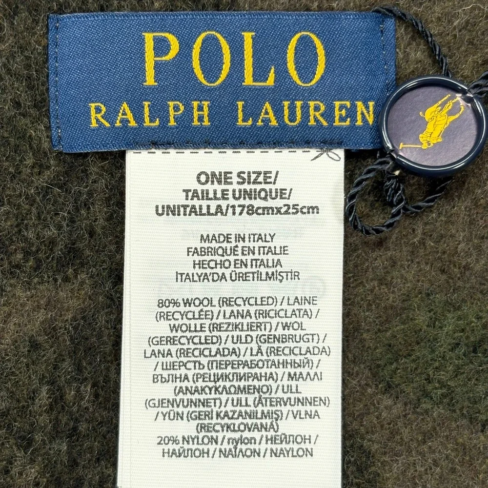 Polo Ralph Lauren Wool Scarf Mens Green Woodland Camo Pony Logo 10x68 Italy NWT